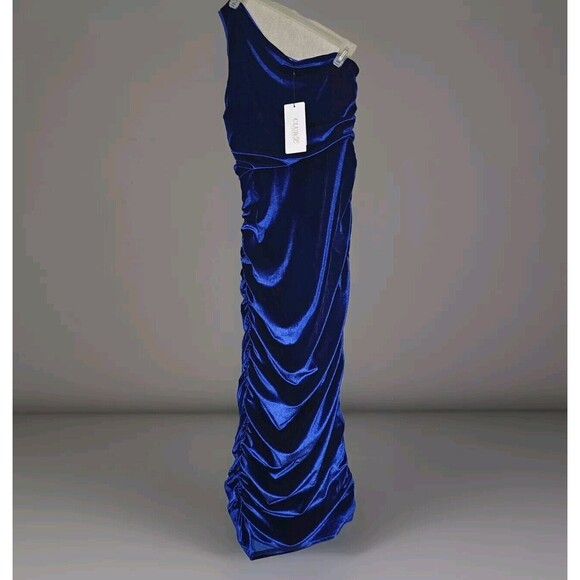 Blue Velvet Bandeau Maxi Dress One Shoulder Size Small Ruch Red Carpet Glam - Picture 1 of 14